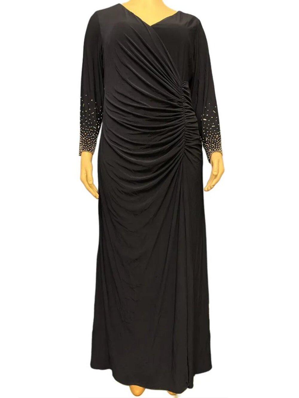 Xscape Embellished Sleeve Gown Ruched Faux Wrap Navy Blue
